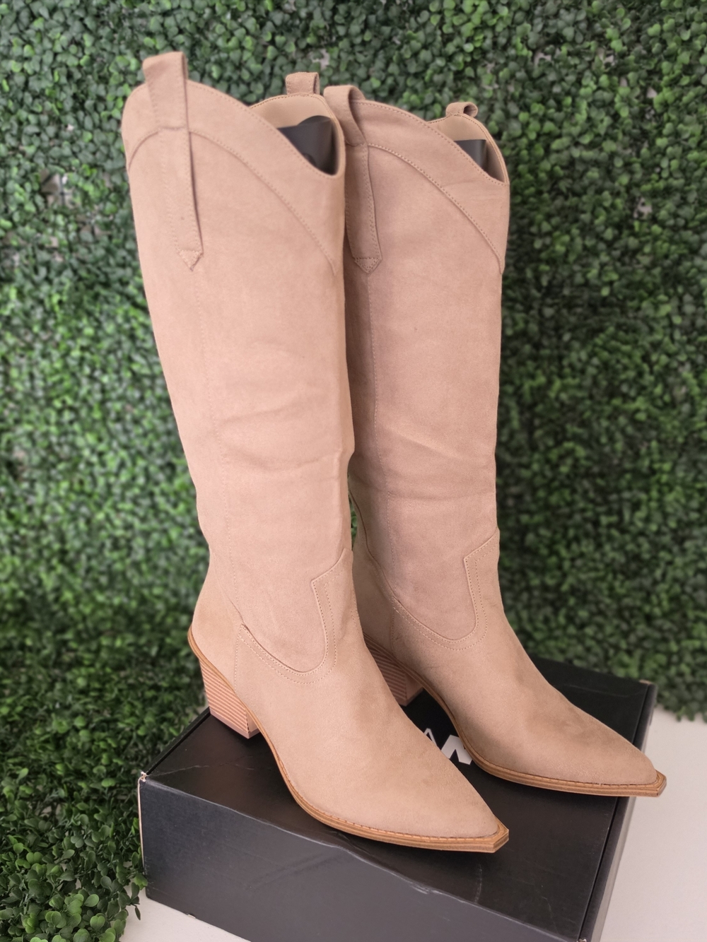 Women’s Tall Western Boots in Tan Faux Suede